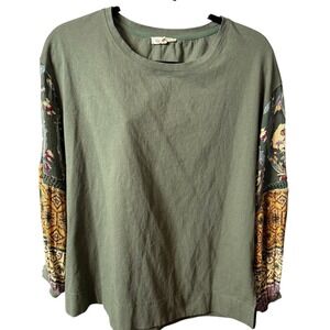 Cotton Bleu Womens Olive Green Mixed Print Boho Long Sleeve Top Small